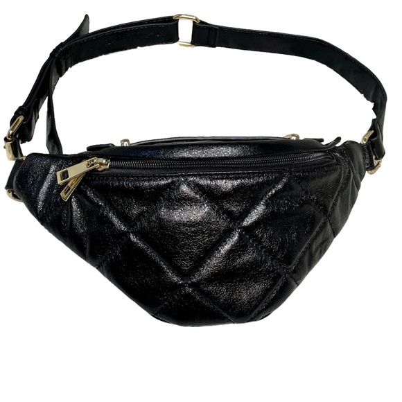 SOLD Quilted Vegan Faux Leather Belt Bag Adjustable Fanny Pack Metallic Black - Picture 2 of 10